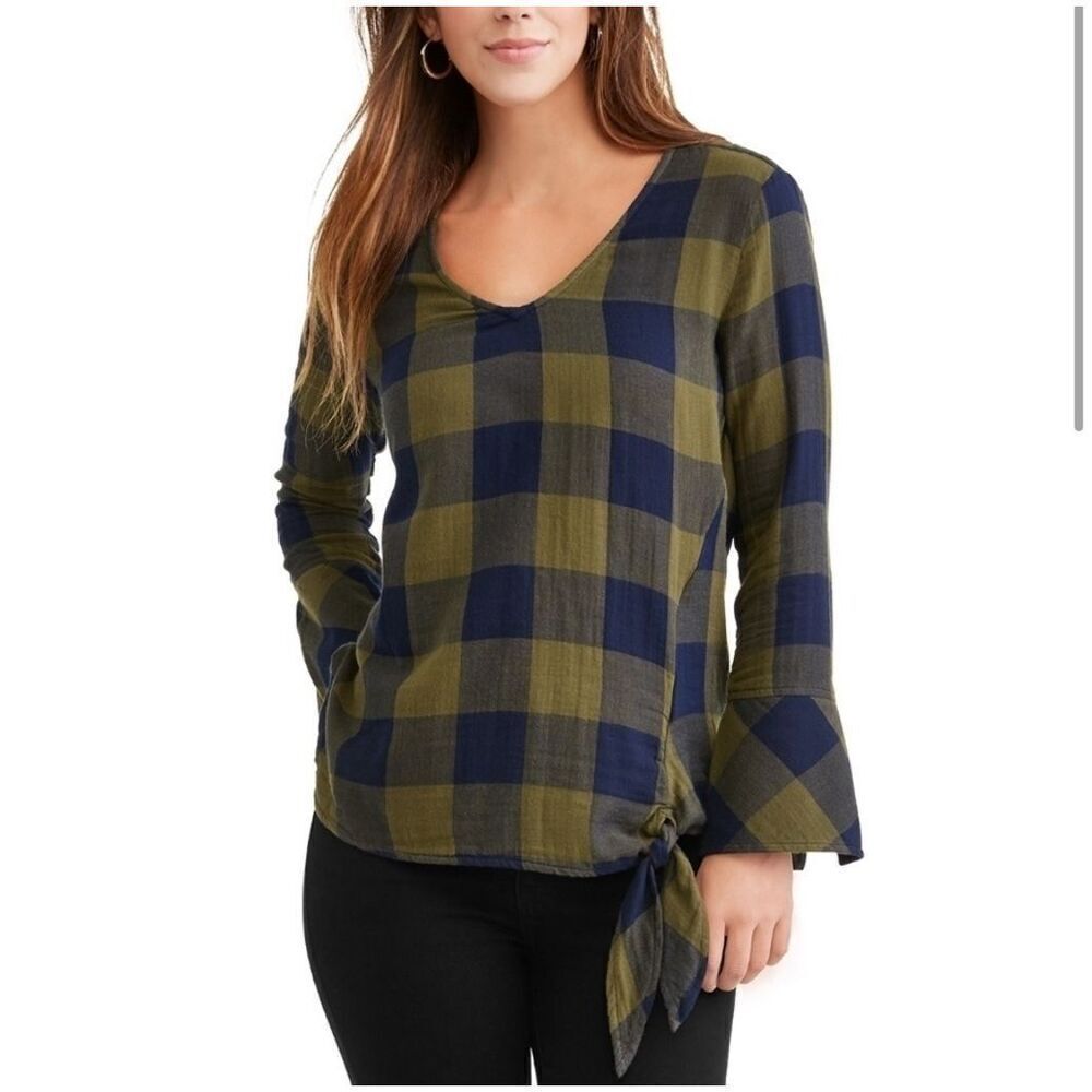 Anthropologie Cloth & Stone High Low Plaid Tie Waist Top Size S
